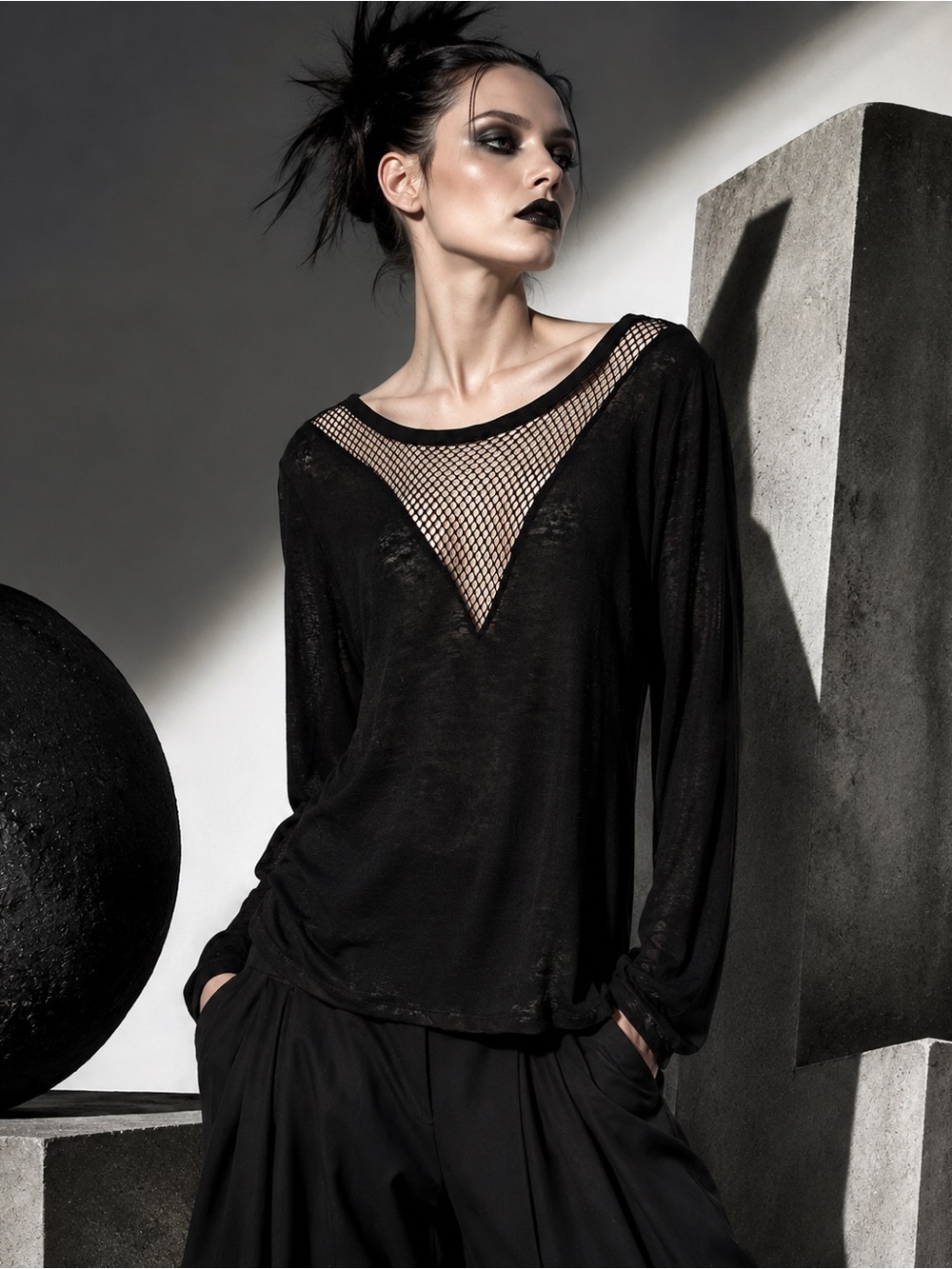 Sandro Paris Black Linen Mesh Illusion Deep V Long Sleeve Top Size 1 Small